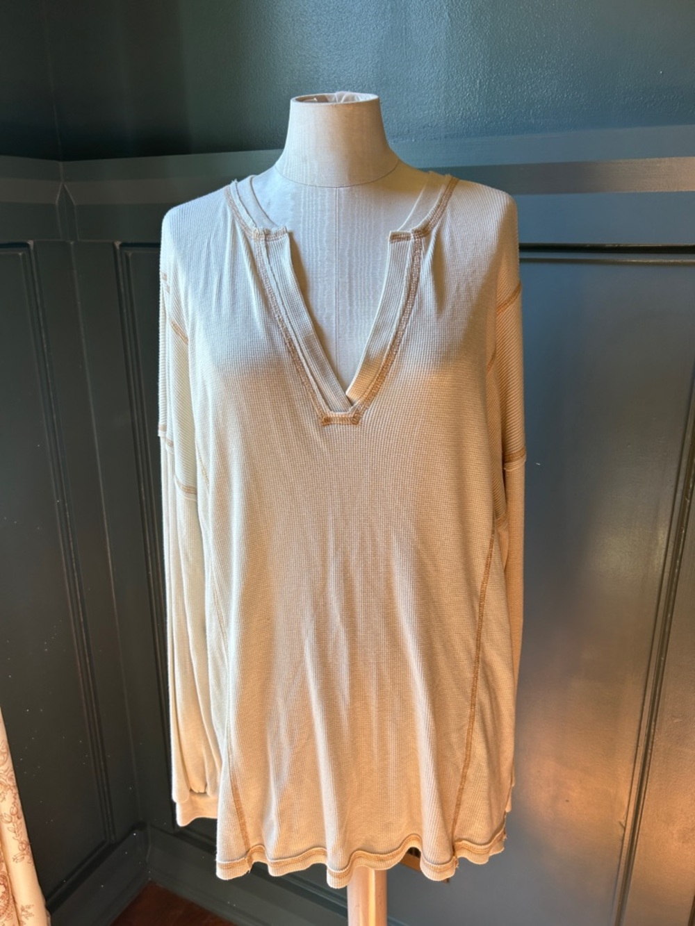 By Together Relaxed V-Neck Long Sleeve Top in Light Beige